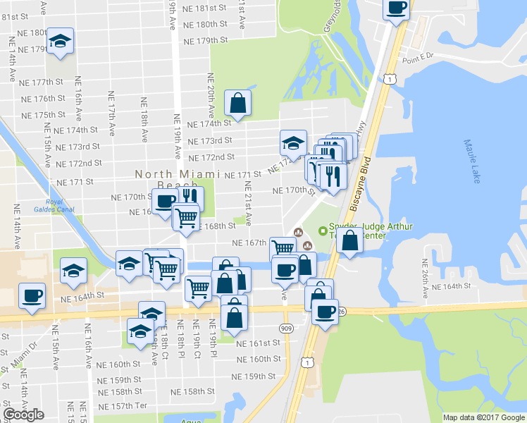 map of restaurants, bars, coffee shops, grocery stores, and more near 2175 Northeast 169th Street in North Miami Beach