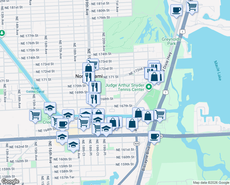 map of restaurants, bars, coffee shops, grocery stores, and more near 16930 Northeast 21st Avenue in North Miami Beach