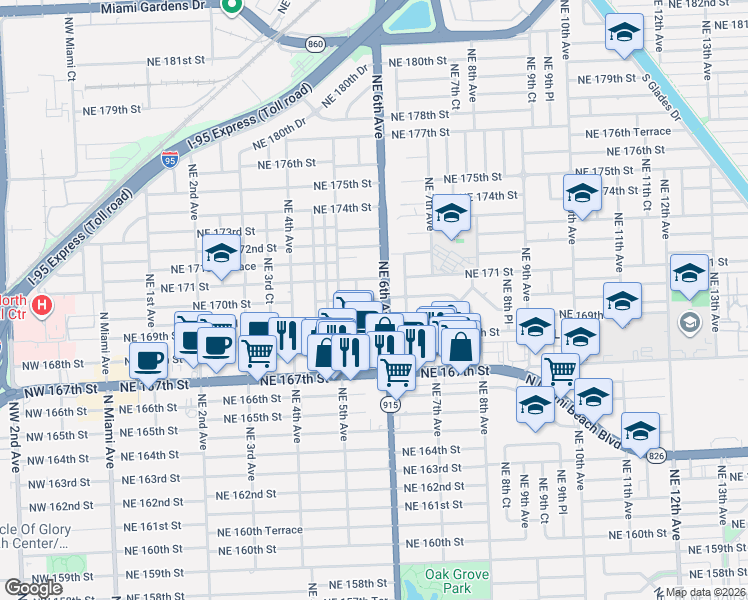 map of restaurants, bars, coffee shops, grocery stores, and more near 590 Northeast 171 Street in North Miami Beach