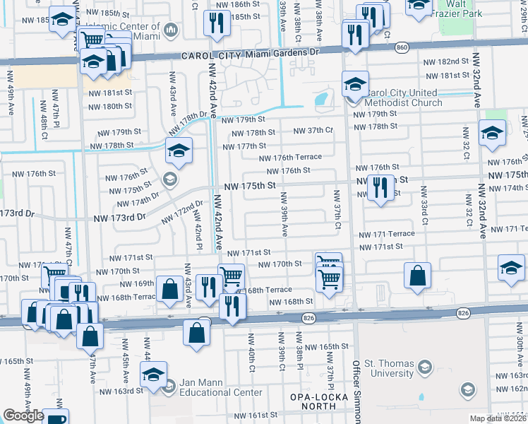 map of restaurants, bars, coffee shops, grocery stores, and more near 3960 Northwest 174th Street in Miami Gardens