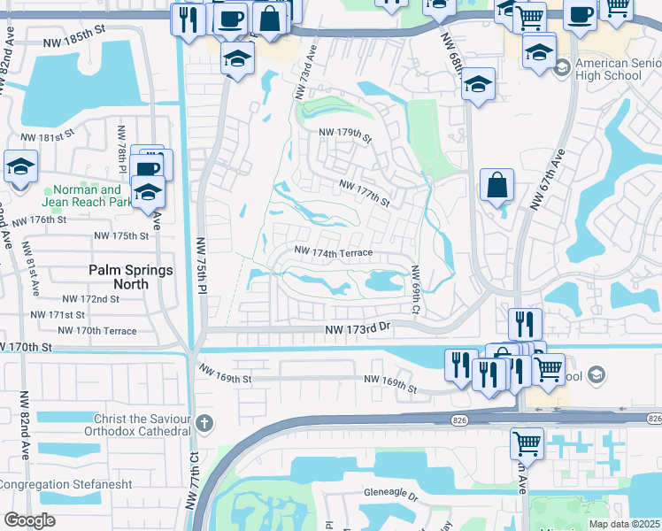 map of restaurants, bars, coffee shops, grocery stores, and more near 7280 Northwest 174th Terrace in Hialeah