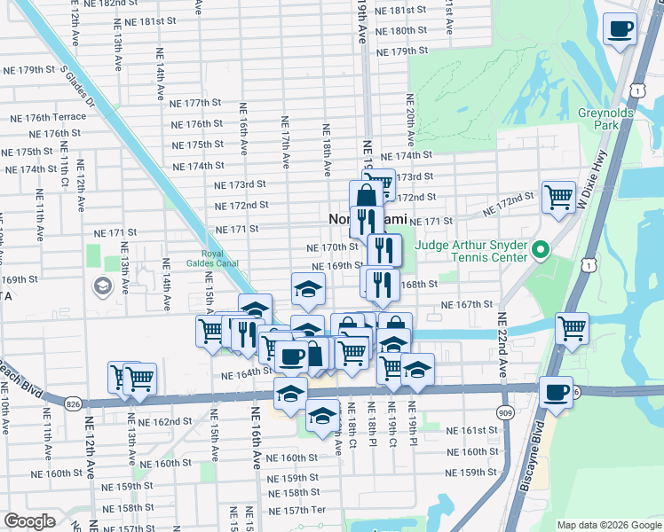 map of restaurants, bars, coffee shops, grocery stores, and more near 16992 Northeast 18th Avenue in North Miami Beach