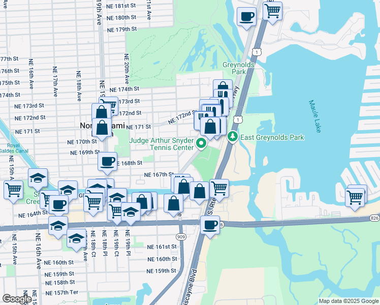 map of restaurants, bars, coffee shops, grocery stores, and more near 16952 Northeast 23rd Avenue in North Miami Beach