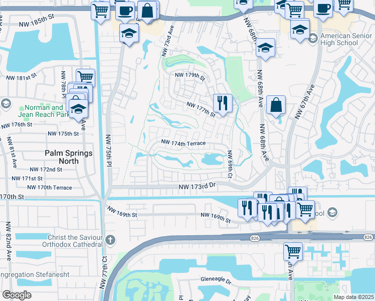 map of restaurants, bars, coffee shops, grocery stores, and more near 7101 Northwest 174th Terrace in Hialeah