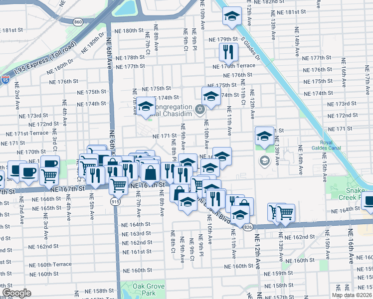 map of restaurants, bars, coffee shops, grocery stores, and more near 17010 Northeast 9th Avenue in Miami