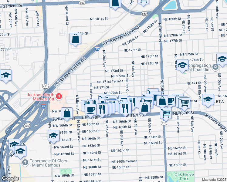 map of restaurants, bars, coffee shops, grocery stores, and more near 221 Northeast 171 Street in North Miami Beach