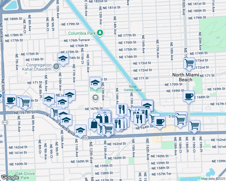 map of restaurants, bars, coffee shops, grocery stores, and more near 16800 Northeast 14th Avenue in North Miami Beach