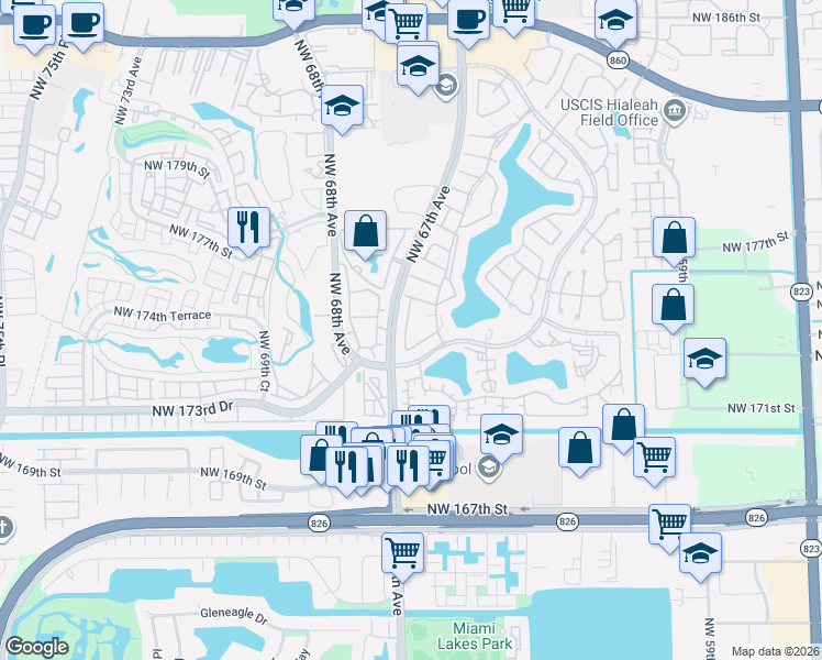 map of restaurants, bars, coffee shops, grocery stores, and more near 17358 Northwest 66th Court in Hialeah