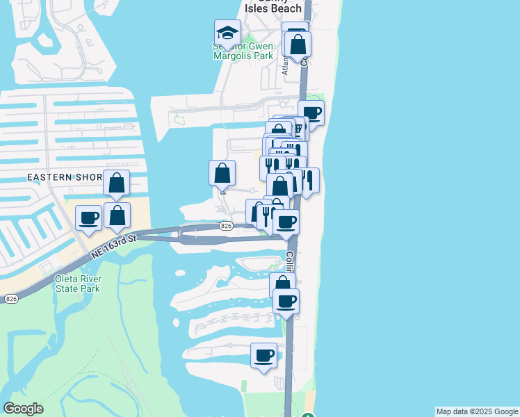 map of restaurants, bars, coffee shops, grocery stores, and more near 17021 North Bay Road in Sunny Isles Beach