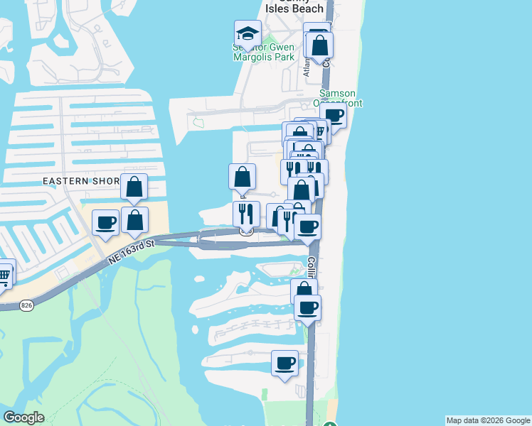 map of restaurants, bars, coffee shops, grocery stores, and more near 17001 North Bay Road in Sunny Isles Beach