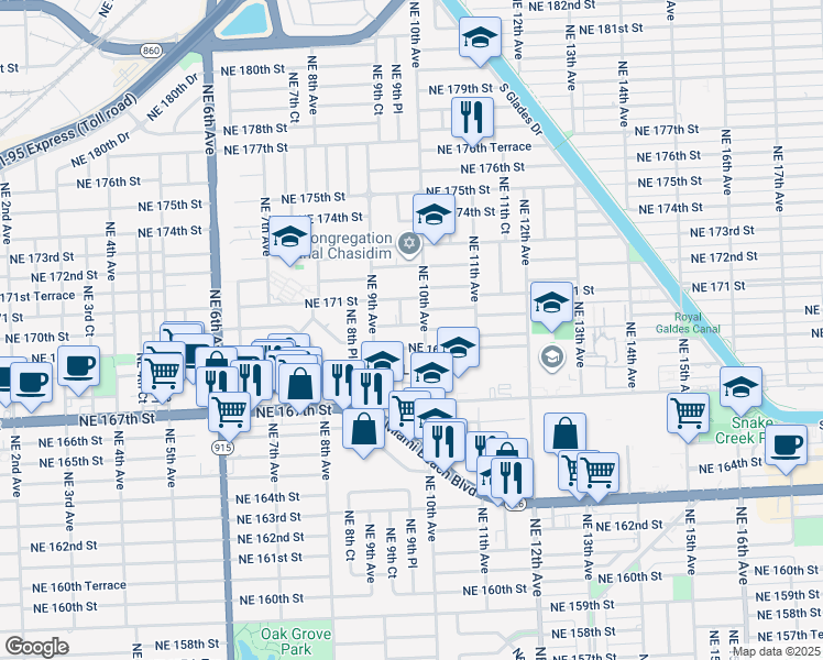 map of restaurants, bars, coffee shops, grocery stores, and more near 995 Northeast 170th Street in Miami