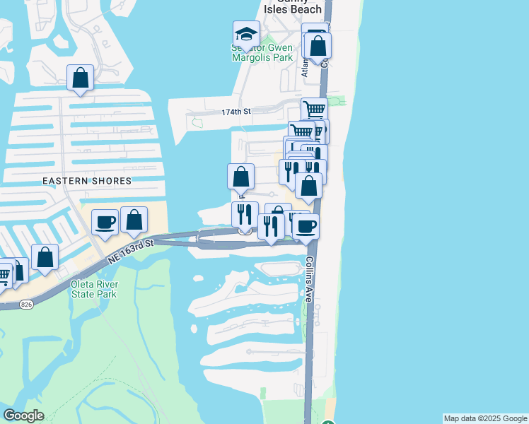 map of restaurants, bars, coffee shops, grocery stores, and more near 16919 North Bay Road in Sunny Isles Beach