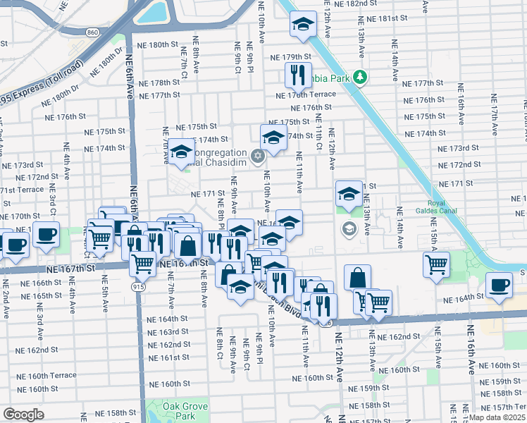 map of restaurants, bars, coffee shops, grocery stores, and more near 995 Northeast 170th Street in Miami