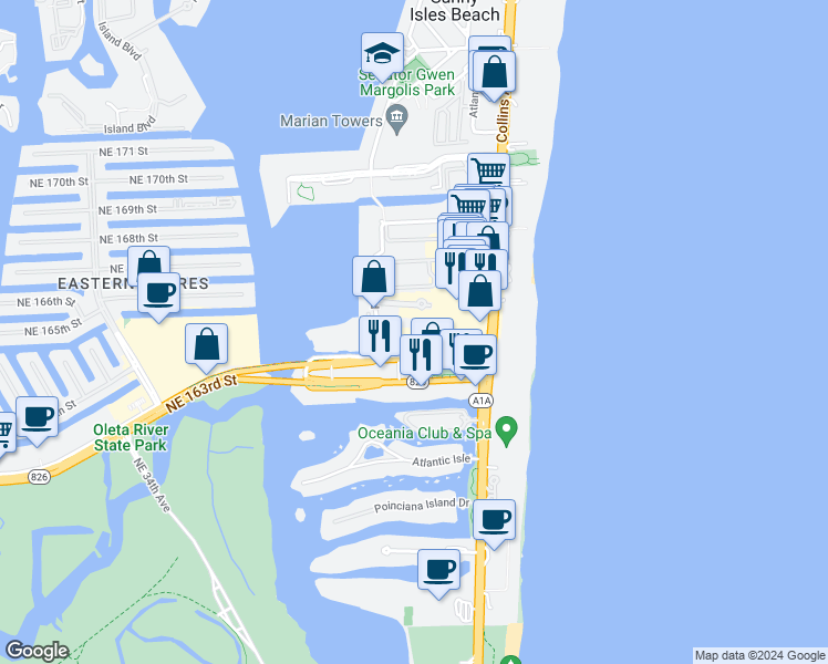 map of restaurants, bars, coffee shops, grocery stores, and more near 17001 North Bay Road in Sunny Isles Beach