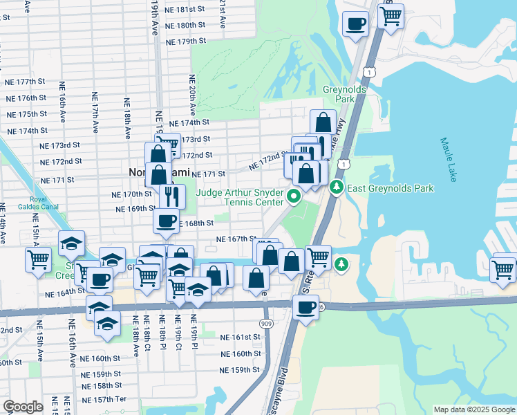 map of restaurants, bars, coffee shops, grocery stores, and more near 2175 Northeast 169th Street in North Miami Beach