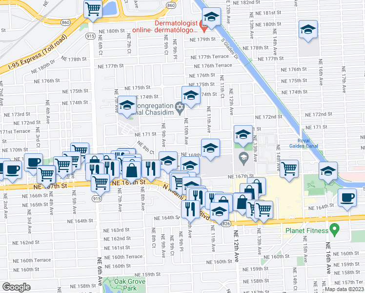 map of restaurants, bars, coffee shops, grocery stores, and more near 995 Northeast 170th Street in Miami