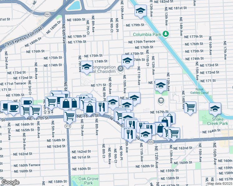 map of restaurants, bars, coffee shops, grocery stores, and more near 995 Northeast 170th Street in Miami
