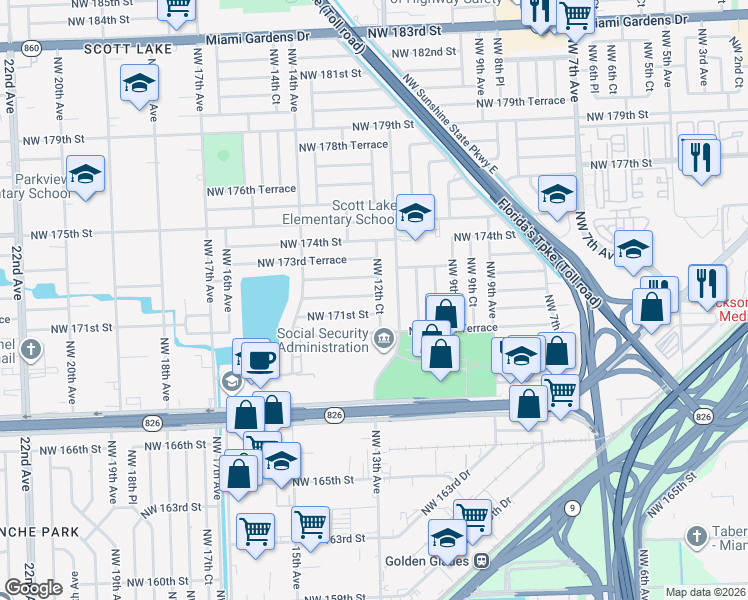 map of restaurants, bars, coffee shops, grocery stores, and more near 17215 Northwest 12th Court in Miami