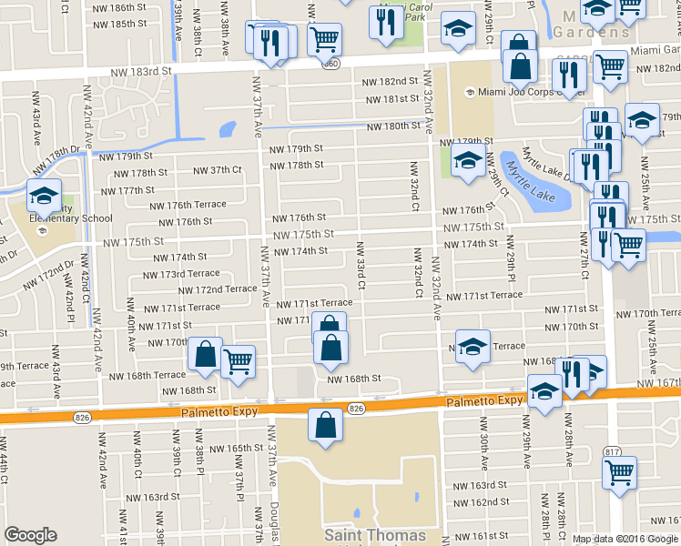 map of restaurants, bars, coffee shops, grocery stores, and more near 3401 Northwest 173rd Terrace in Miami Gardens