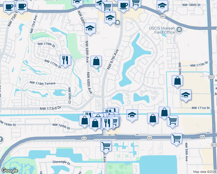 map of restaurants, bars, coffee shops, grocery stores, and more near 17358 Northwest 66th Court in Hialeah