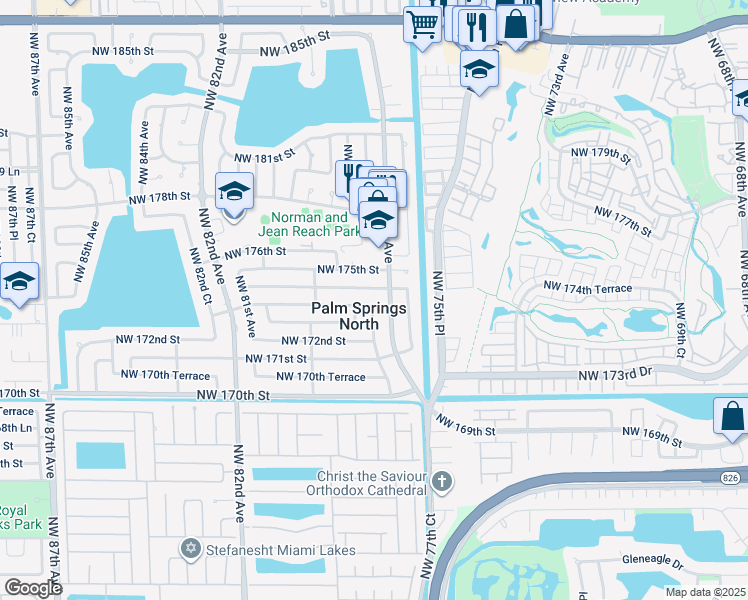 map of restaurants, bars, coffee shops, grocery stores, and more near 7830 Northwest 174th Terrace in Hialeah