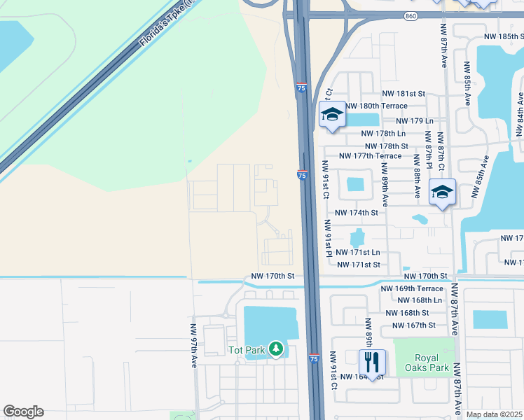 map of restaurants, bars, coffee shops, grocery stores, and more near Interstate 75 in Hialeah