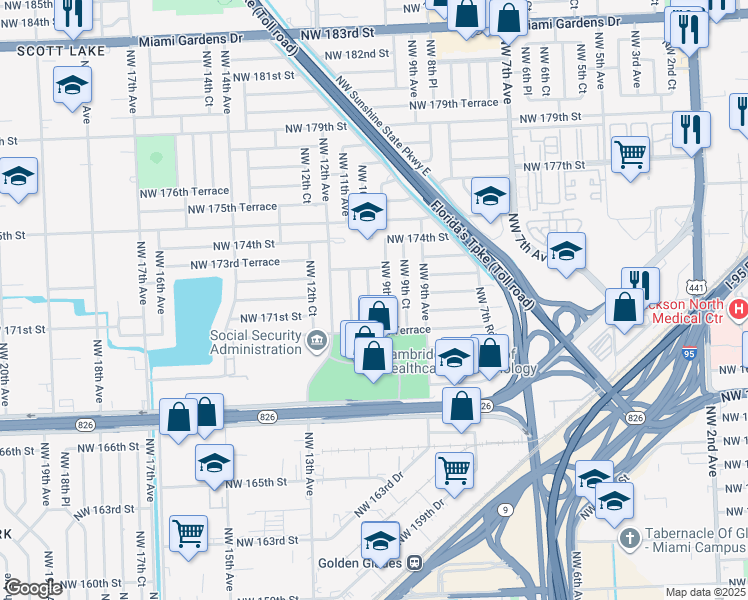 map of restaurants, bars, coffee shops, grocery stores, and more near 17200 Northwest 9th Place in Miami