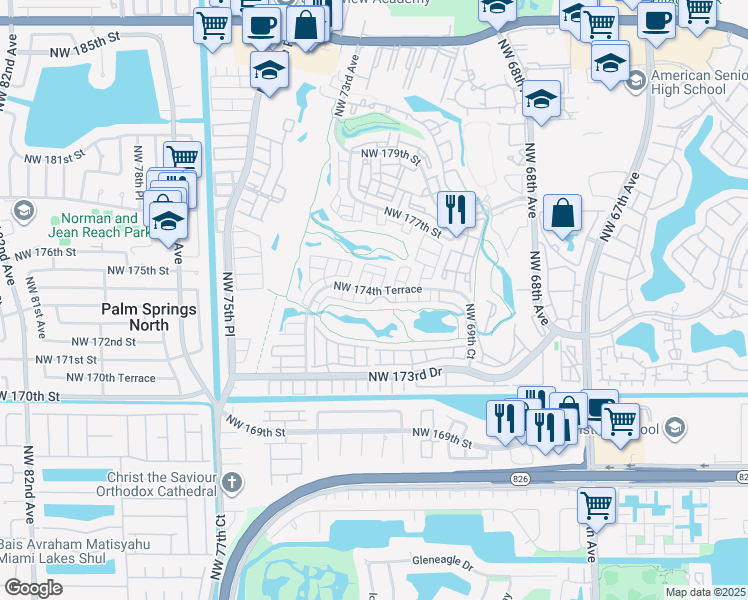 map of restaurants, bars, coffee shops, grocery stores, and more near 7340 Northwest 174th Terrace in Hialeah