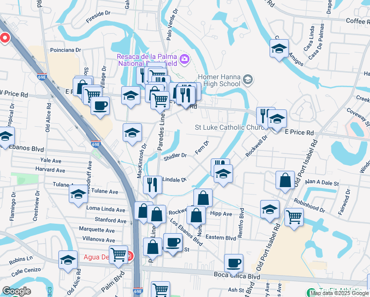 map of restaurants, bars, coffee shops, grocery stores, and more near 2313 Shidler Drive in Brownsville