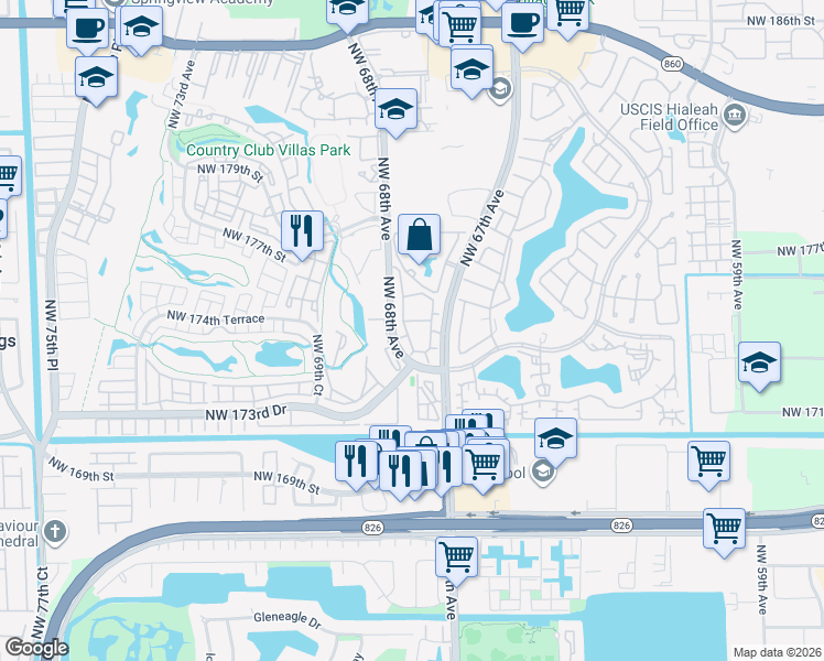 map of restaurants, bars, coffee shops, grocery stores, and more near 17505 Northwest 67th Place in Hialeah