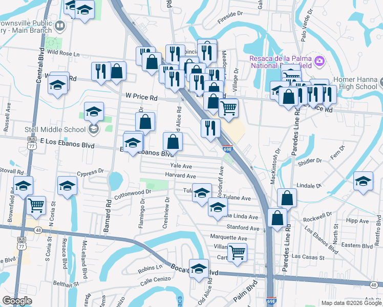 map of restaurants, bars, coffee shops, grocery stores, and more near 64 Evergreen Lane in Brownsville