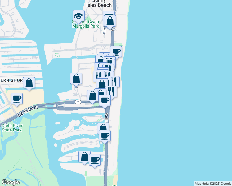 map of restaurants, bars, coffee shops, grocery stores, and more near 16711 Collins Avenue in North Miami Beach