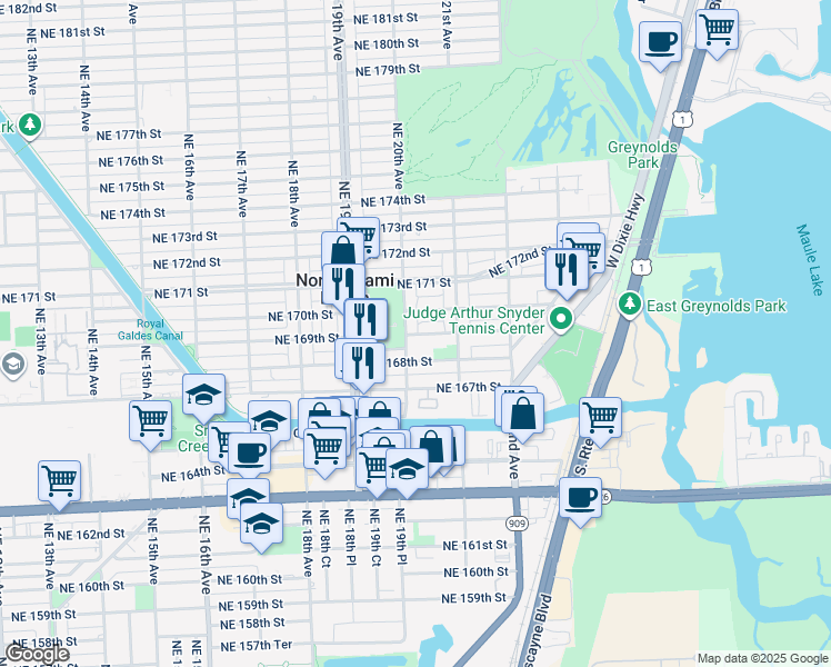 map of restaurants, bars, coffee shops, grocery stores, and more near 16961 Northeast 20th Avenue in North Miami Beach