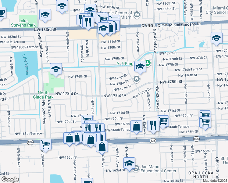 map of restaurants, bars, coffee shops, grocery stores, and more near 4511 Northwest 174th Drive in Miami Gardens