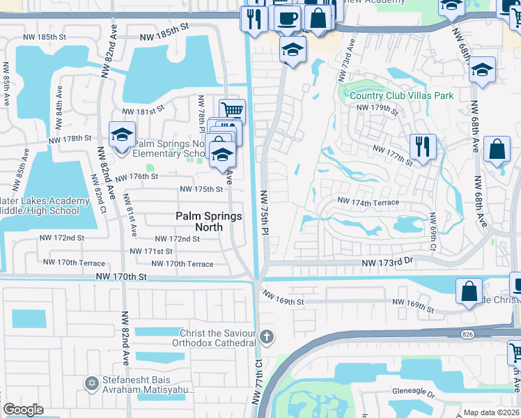 map of restaurants, bars, coffee shops, grocery stores, and more near 17460 Northwest 76th Court in Hialeah
