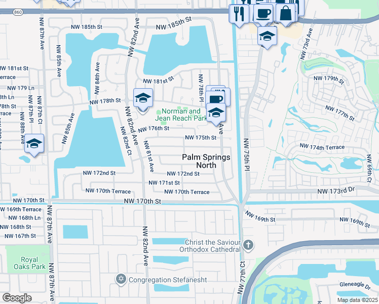 map of restaurants, bars, coffee shops, grocery stores, and more near 7884 Northwest 174th Terrace in Hialeah