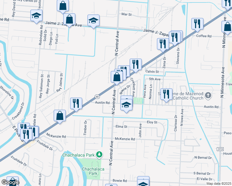 map of restaurants, bars, coffee shops, grocery stores, and more near 1194 North Central Avenue in Brownsville