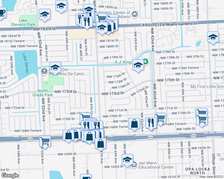 map of restaurants, bars, coffee shops, grocery stores, and more near 4511 Northwest 174th Drive in Miami Gardens
