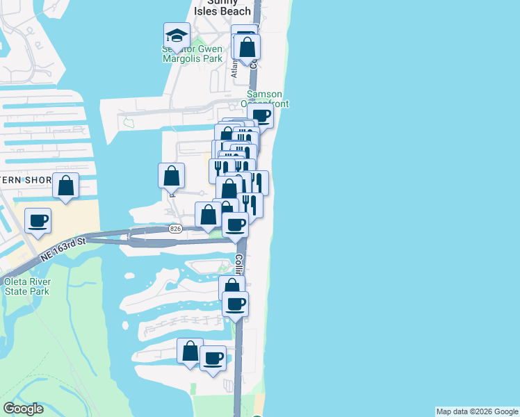 map of restaurants, bars, coffee shops, grocery stores, and more near 16711 Collins Avenue in North Miami Beach
