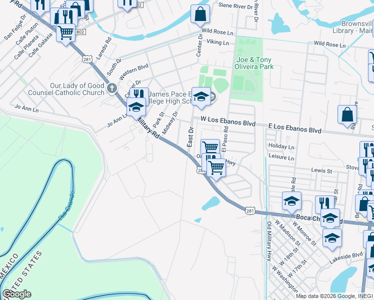 map of restaurants, bars, coffee shops, grocery stores, and more near 27 East Drive in Brownsville