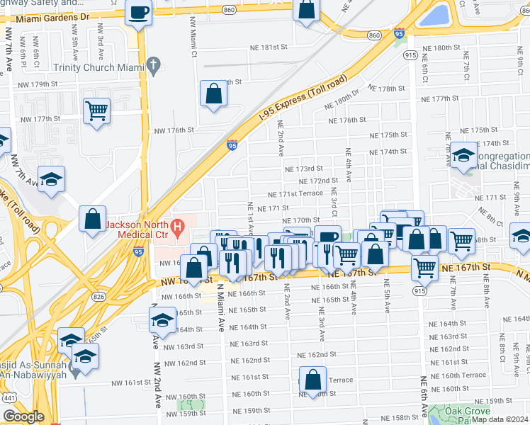 map of restaurants, bars, coffee shops, grocery stores, and more near 140 Northeast 171 Street in North Miami Beach