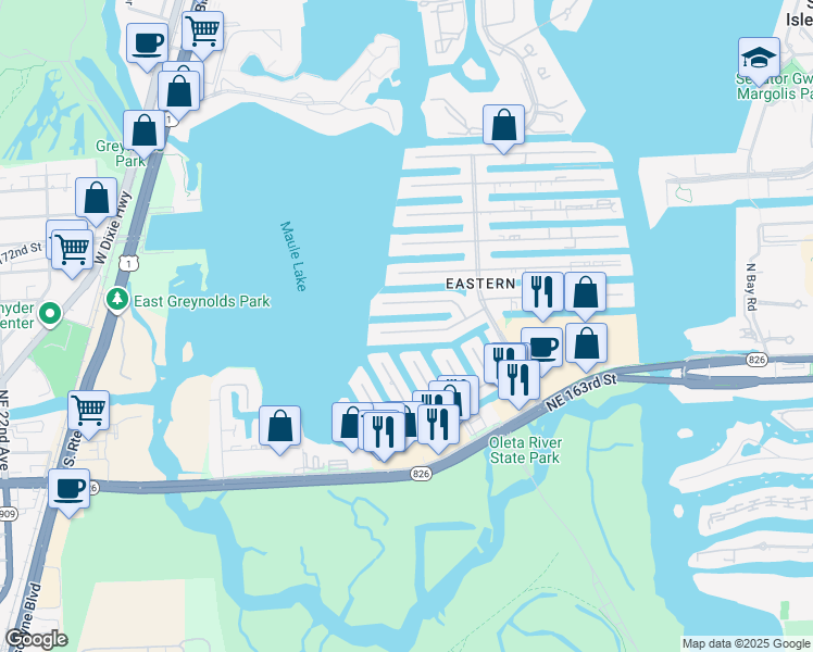 map of restaurants, bars, coffee shops, grocery stores, and more near 3221 Northeast 165th Street in North Miami Beach