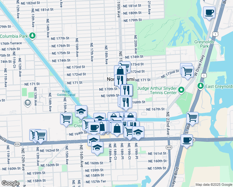 map of restaurants, bars, coffee shops, grocery stores, and more near 1874 Northeast 170th Street in North Miami Beach