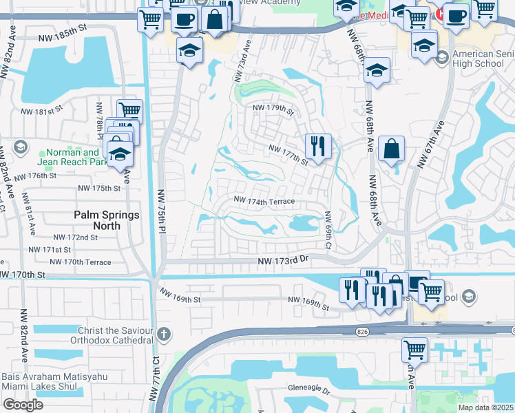 map of restaurants, bars, coffee shops, grocery stores, and more near 7280 Northwest 174th Terrace in Hialeah