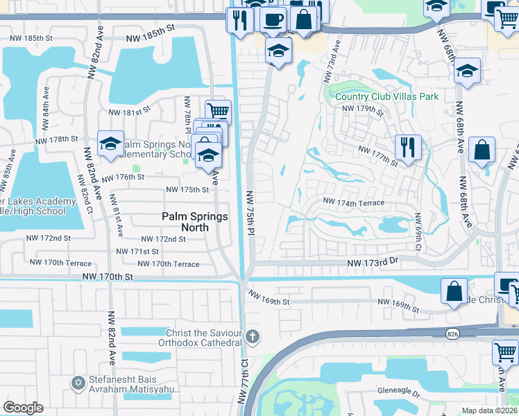 map of restaurants, bars, coffee shops, grocery stores, and more near 17460 Northwest 76th Court in Hialeah
