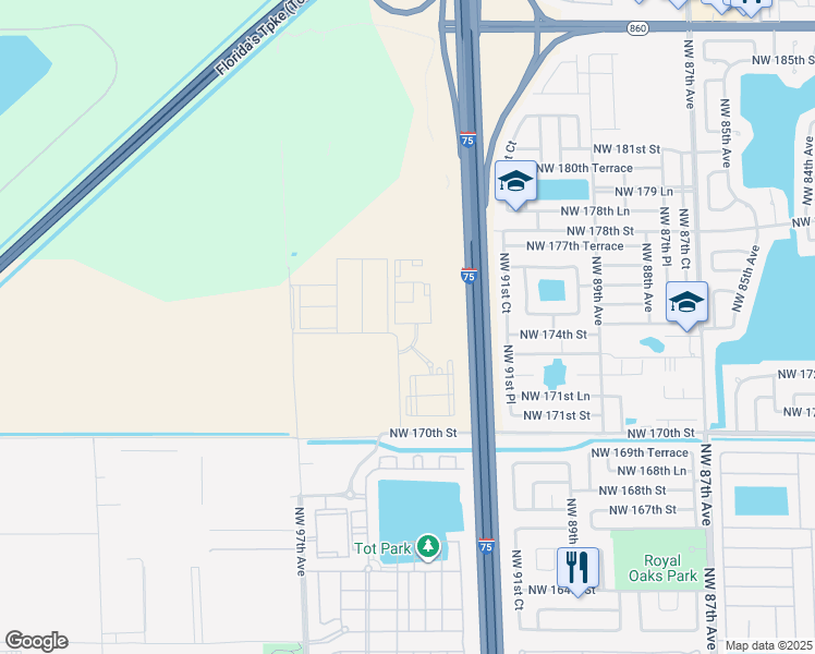 map of restaurants, bars, coffee shops, grocery stores, and more near Interstate 75 in Hialeah