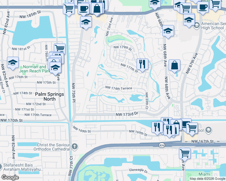 map of restaurants, bars, coffee shops, grocery stores, and more near 7280 Northwest 174th Terrace in Hialeah