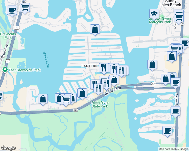map of restaurants, bars, coffee shops, grocery stores, and more near 16465 Northeast 35th Avenue in North Miami Beach