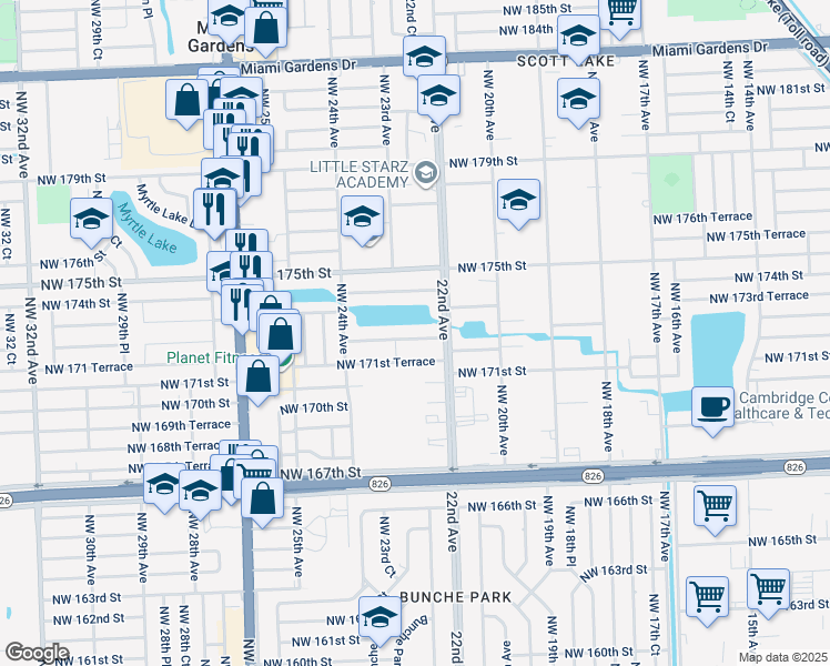 map of restaurants, bars, coffee shops, grocery stores, and more near 2241 Northwest 172nd Terrace in Miami Gardens