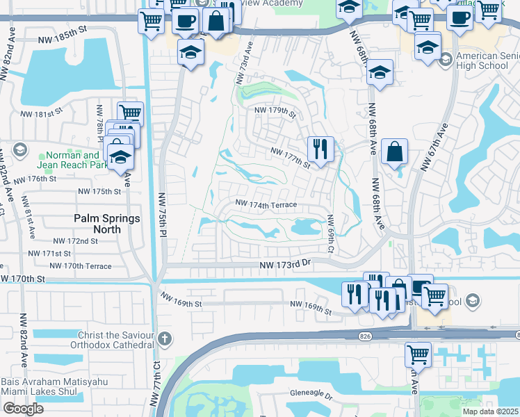 map of restaurants, bars, coffee shops, grocery stores, and more near 7280 Northwest 174th Terrace in Hialeah